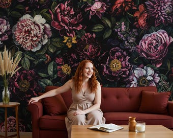 Dark Flower Mural Peony Wallpaper, Floral Botanical Peel Stick, Garden Wall Paper with Flowers on Vinyl Wallpaper