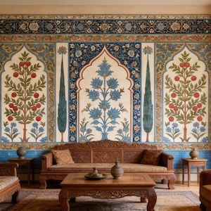May include: An interior scene featuring a detailed wall mural with a central arch design and floral patterns in blue, red, and green. The room includes carved wooden furniture: a sofa, chairs, and a coffee table, creating a warm and inviting atmosphere.