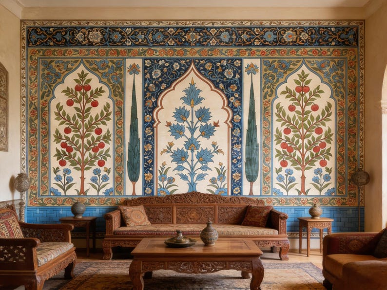 May include: An interior scene featuring a detailed wall mural with a central arch design and floral patterns in blue, red, and green. The room includes carved wooden furniture: a sofa, chairs, and a coffee table, creating a warm and inviting atmosphere.