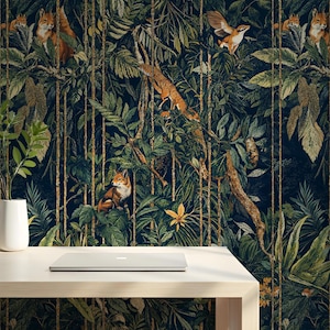 Dark Botanical Wallpaper, Magical Forest Mural, Whimsical Animals, Textured Removable Peel and Stick