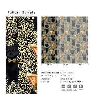 May include: A black cat with a bow tie is featured on a gold and black leopard print background. The pattern repeats horizontally and vertically. The pattern is 25.5 inches by 25.5 inches. The material is peel and stick and the surface is textured and semi matte.