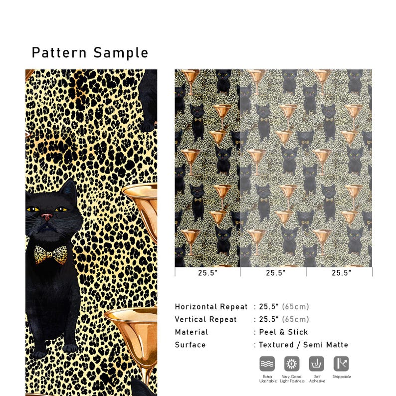 May include: A black cat with a bow tie is featured on a gold and black leopard print background. The pattern repeats horizontally and vertically. The pattern is 25.5 inches by 25.5 inches. The material is peel and stick and the surface is textured and semi matte.