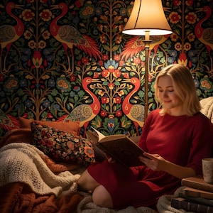 May include: A woman in a red dress reads a book in a cozy setting. The room features a patterned wallpaper with red birds and floral designs. A floor lamp with a beige shade illuminates the scene, with a stack of books and a mug nearby.