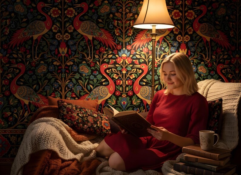 May include: A woman in a red dress reads a book in a cozy setting. The room features a patterned wallpaper with red birds and floral designs. A floor lamp with a beige shade illuminates the scene, with a stack of books and a mug nearby.
