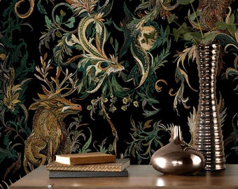 Whimsical Fairy Fire Dragon Wallpaper, Magical  Ornate Forest Mural, Textured Removable Peel and Stick