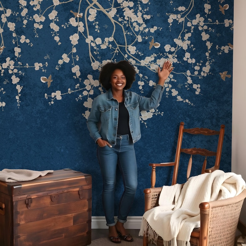 Chinoiserie Wallpaper, Dark Blue Mural,, Removable Peel Stick and ...