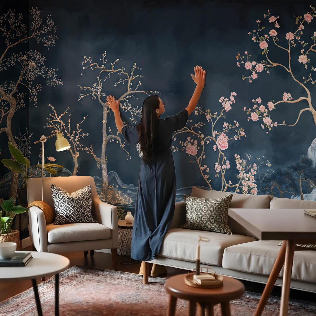 Buy Dark Blue Chinoiserie Wallpaper / Removable Traditional Peel Stick ...