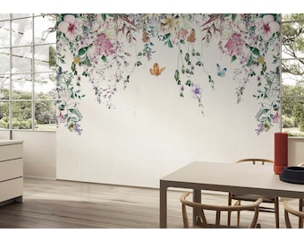 Hanging green Wallpaper Leaves spring flowers blossom / Removable traditional Peel Stick