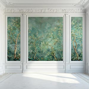 May include: A white wall with three panels featuring a green and white floral wallpaper design. The wallpaper depicts a forest scene with trees and flowers.