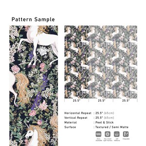 May include: A seamless pattern featuring white unicorns and floral designs on a dark blue background. The pattern repeats horizontally and vertically every 25.5 inches. The material is peel and stick and has a textured, semi-matte finish.