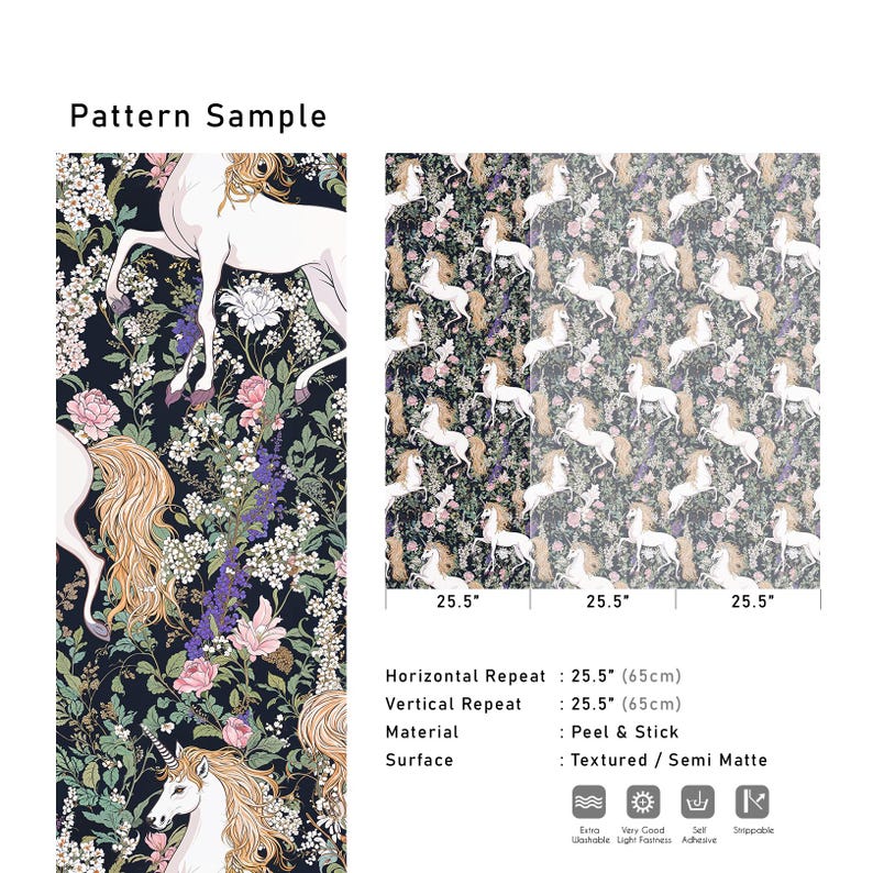 May include: A seamless pattern featuring white unicorns and floral designs on a dark blue background. The pattern repeats horizontally and vertically every 25.5 inches. The material is peel and stick and has a textured, semi-matte finish.