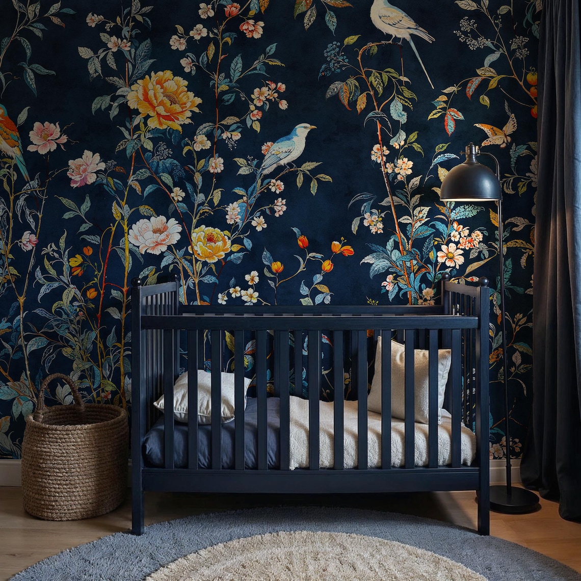 Dark Chinoiserie Mural Wallpaper, Navy Blue Botanical Peel Stick ...
