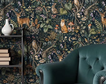 Dark Botanical Wallpaper, Magical Forest Mural, Whimsical Animals, Textured Removable Peel and Stick
