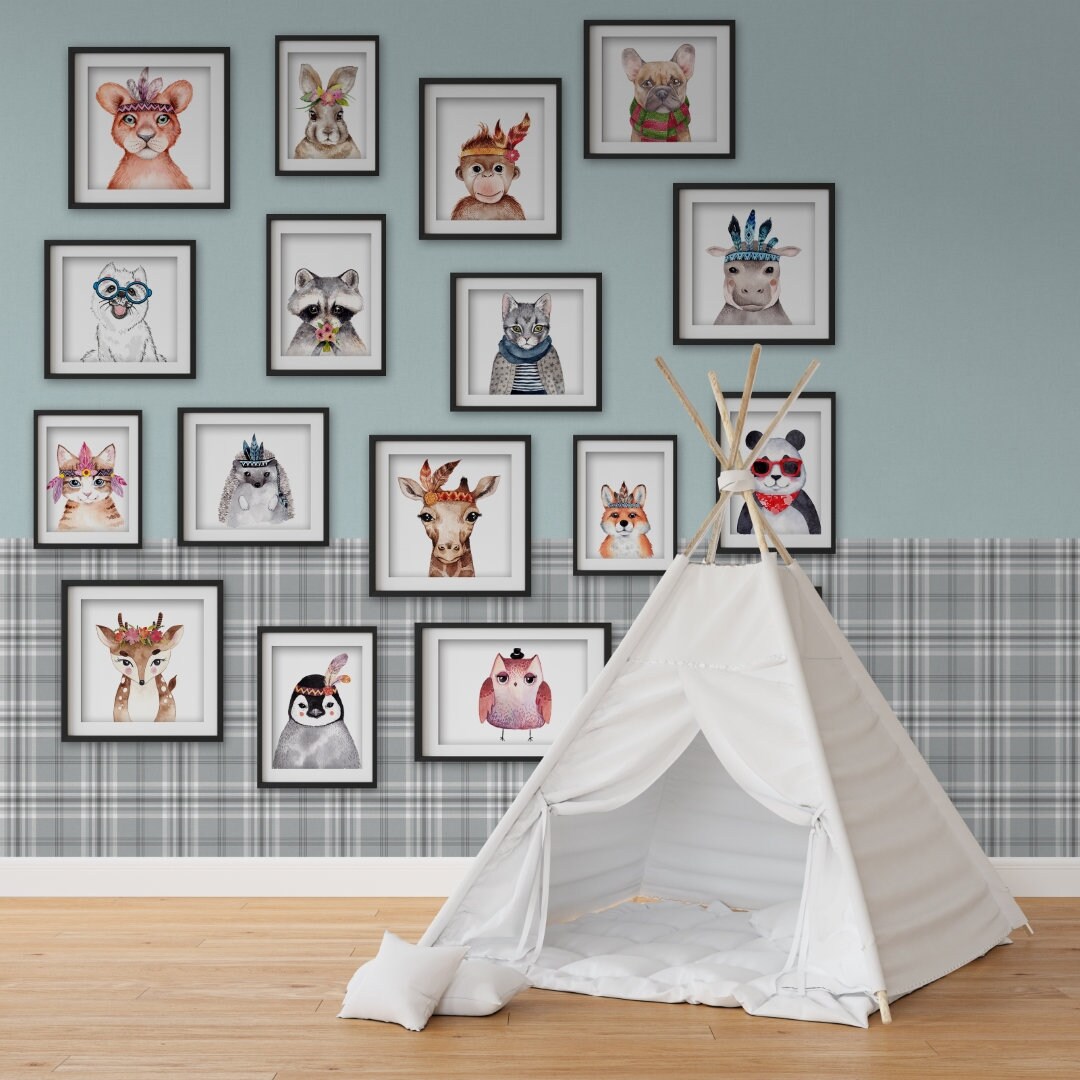 Kids and Nursery Wallpaper With Frames and Cute Animals in Etsy