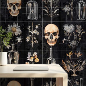 May include: A black and white tiled wall with a skull and floral designs. The tiles feature a skull, flowers, and glass bottles. The wall is a decorative element for a home or office.