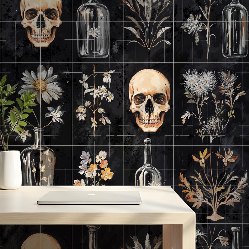 May include: A black and white tiled wall with a skull and floral designs. The tiles feature a skull, flowers, and glass bottles. The wall is a decorative element for a home or office.