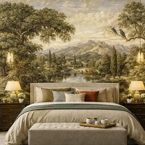 May include: A bedroom with a large landscape mural featuring trees, mountains, and a lake. The bed has a beige comforter and pillows. Two bedside tables with lamps flank the bed. A bench sits at the foot of the bed.