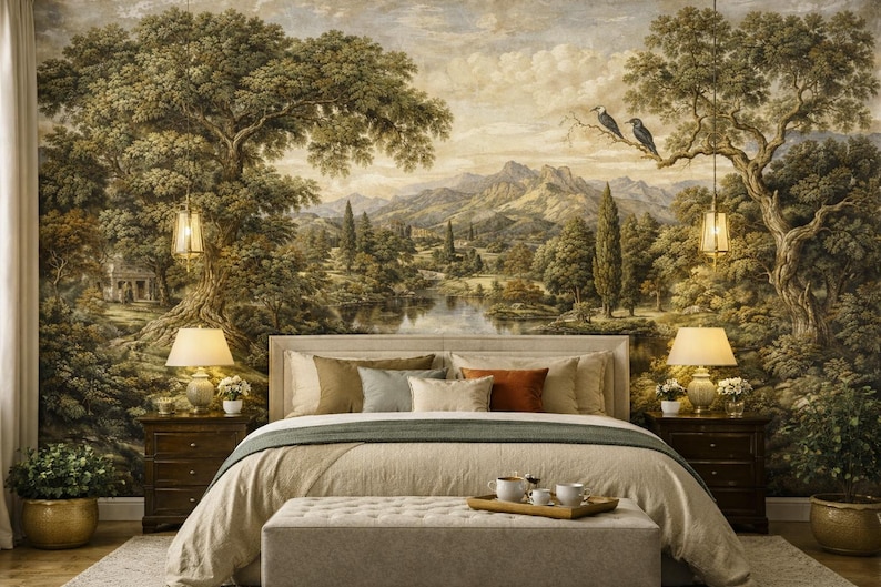May include: A bedroom with a large landscape mural featuring trees, mountains, and a lake. The bed has a beige comforter and pillows. Two bedside tables with lamps flank the bed. A bench sits at the foot of the bed.