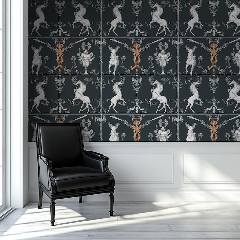 May include: Black and white wallpaper with a repeating pattern of a stag, a unicorn, and a figure holding a sword and a shield. The background is a dark blue color.