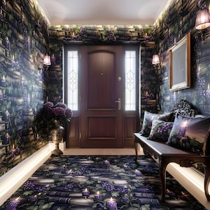 May include: A hallway decorated in a gothic style, featuring wallpaper with a pattern of books, candles, and grapes in purple and black. A wooden bench with cushions is placed against the wall, and a matching rug covers the floor. The door is made of dark wood.