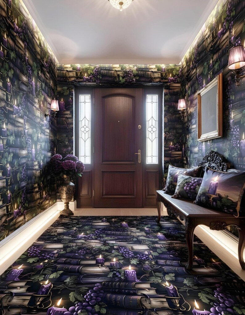 May include: A hallway decorated in a gothic style, featuring wallpaper with a pattern of books, candles, and grapes in purple and black. A wooden bench with cushions is placed against the wall, and a matching rug covers the floor. The door is made of dark wood.