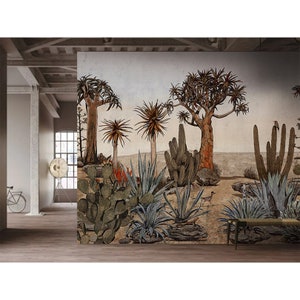 cactus wallpaper mexico dune texas wallpaper prairie, bathroom, boho retro, painting bathroom, removable Peel and stick wallpaper,