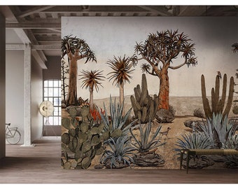 cactus wallpaper mexico dune texas wall paper prairie, bathroom, boho retro, painting bathroom, removable Peel and stick wallpaper,