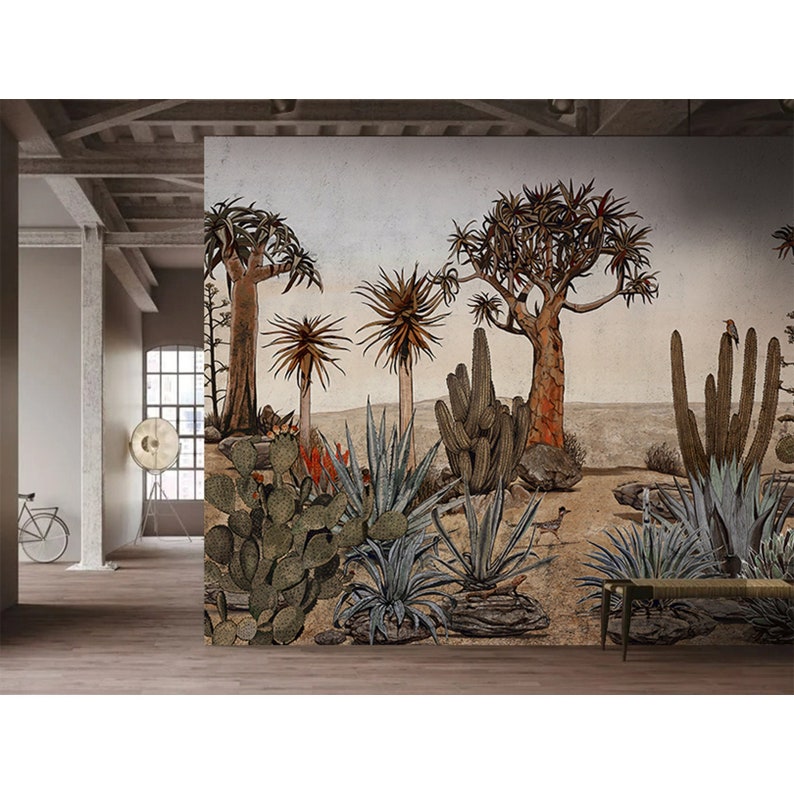 May include: A desert landscape mural featuring a variety of cacti and succulents in shades of green, brown, and red. The mural depicts a desert scene with a blue sky and a distant mountain range.