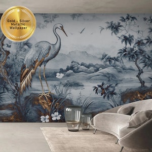 metallic wallpaper, gold silver crane heron, mughal, shiny Removable Non Woven Traditional Mural