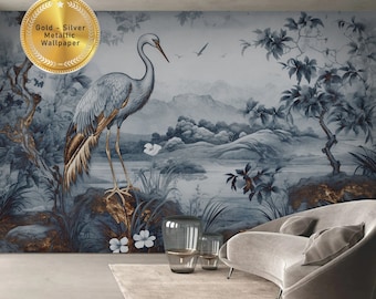Metallic Crane Heron Wallpaper: Gold Silver Mughal Mural