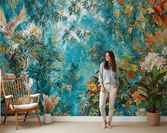 Teal Tropical Rainforest Wallpaper Mural: Peel & Stick or Traditional