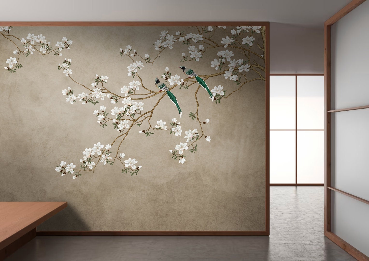 Beige Chinoiserie Wallpaper, Green Birds on Branches, Peel Stick, Removable