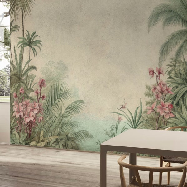 Prehistoric Tropical Wallpaper, Hand Painted and Digitally Printed, Traditional, Rmovable Peel Stick, Mural