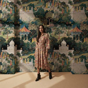 Lush Jaipur Garden Wallpaper Mural, Vintage Indian Green Peel and Stick Wallpaper, Removable