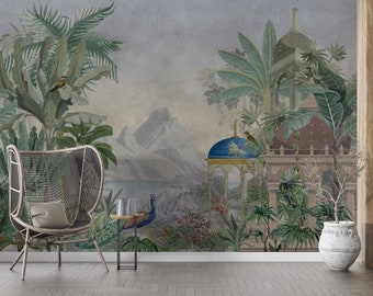 Mughal Wallpaper Indian Tropical Forest and Peacock, Ancient, Removable Peel Stick, Traditional