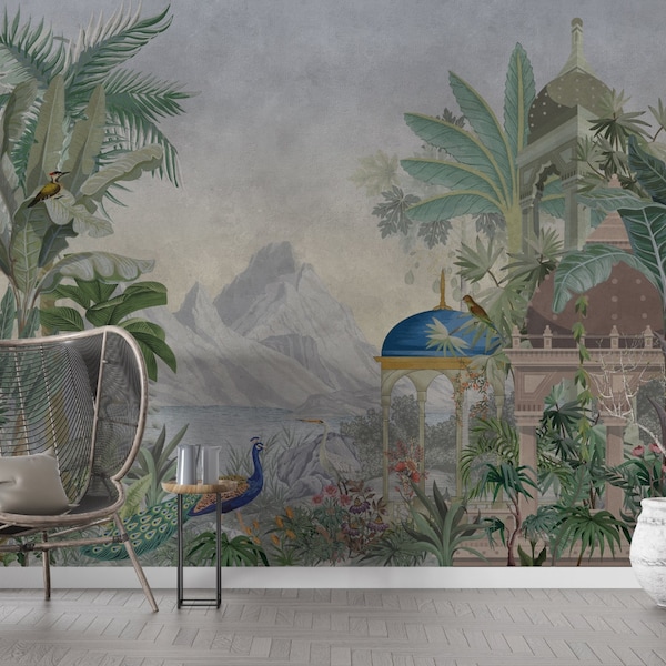 Mughal Wallpaper, Indian Tropical Forest and Peacock, Ancient, Removable Peel Stick, Traditional