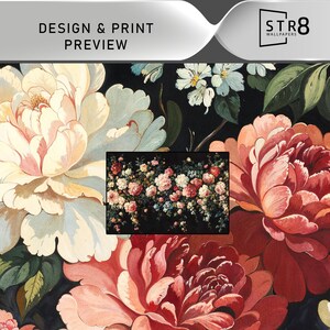 May include: A floral design preview featuring large, detailed peony blooms in shades of cream, pink, and red against a dark background. The design includes the text "DESIGN & PRINT PREVIEW" and the STR8 Wallpapers logo.