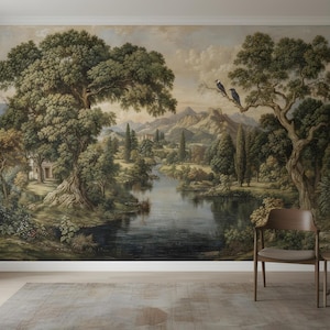 May include: A scenic mural depicting a serene landscape with a river, trees, and mountains. The artwork features a muted color palette with shades of green, brown, and blue. Two birds perch on a tree branch. A wooden chair sits in front of the mural.