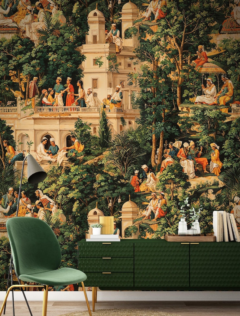 May include: A detailed wallpaper mural depicting a historical scene with figures in traditional attire. The artwork features a complex landscape with buildings, trees, and people in various poses, rendered in rich, earthy tones.