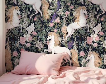 Unicorn Wallpaper: Dark Botanical Mural, Removable Peel and Stick