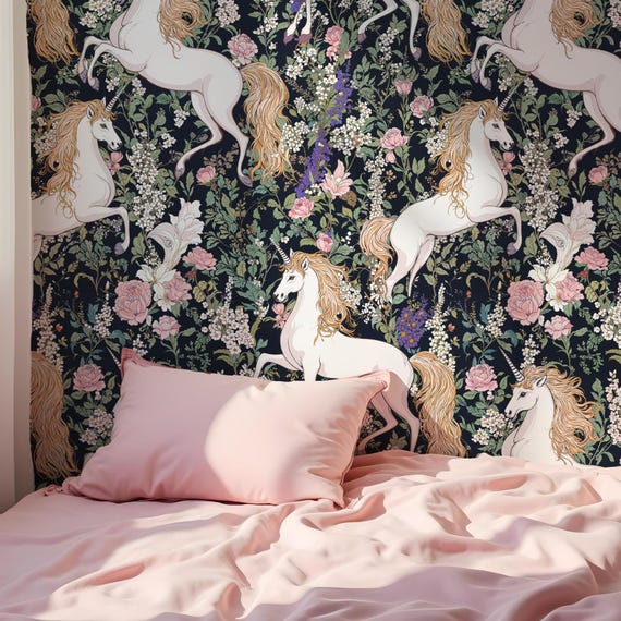 Unicorn Wallpaper: Dark Botanical Mural, Removable Peel and Stick