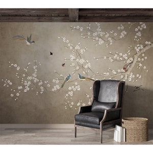 Beige chinoiserie wallpaper with cherry blossom and birds, Yellow, Removable Peel Stick, Traditional