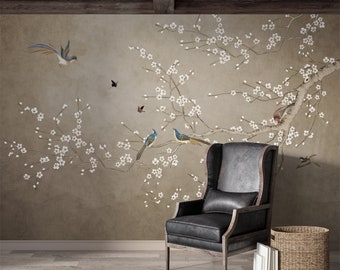 Beige chinoiserie wallpaper with cherry blossom and birds, Yellow, Removable Peel Stick, Traditional