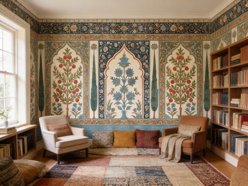 May include: A cozy reading room with patterned wallpaper featuring stylized trees and floral designs in shades of blue, green, and red. Two armchairs, a rug, and a bookshelf filled with books complete the inviting space. The room is filled with natural light.