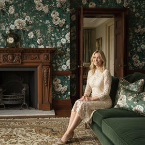 May include: A woman in a cream lace dress sits on a green velvet sofa in a room with floral wallpaper. The room features a fireplace with a wooden mantel and a patterned rug. Decorative pillows with floral patterns are on the sofa.