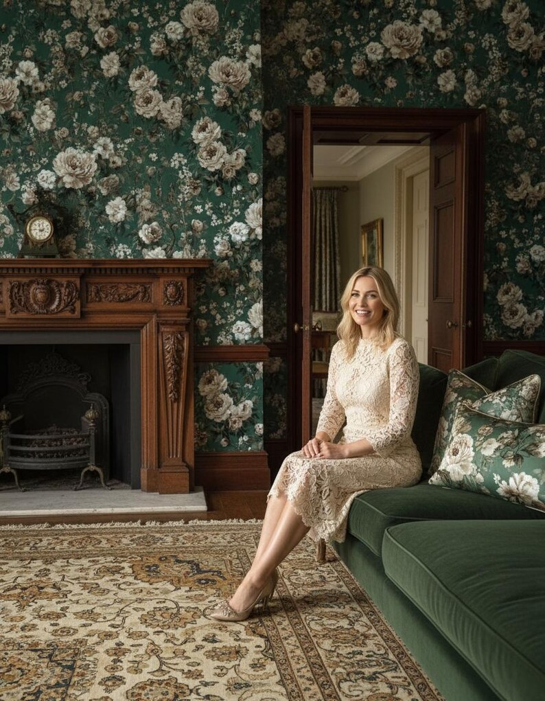 May include: A woman in a cream lace dress sits on a green velvet sofa in a room with floral wallpaper. The room features a fireplace with a wooden mantel and a patterned rug. Decorative pillows with floral patterns are on the sofa.
