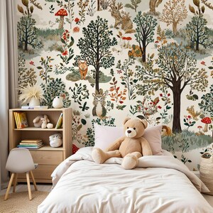 Kids Wallpaper, Whimsical Forest Animals and Mushrooms in Magical Woods  - Removable Peel Stick and Traditional