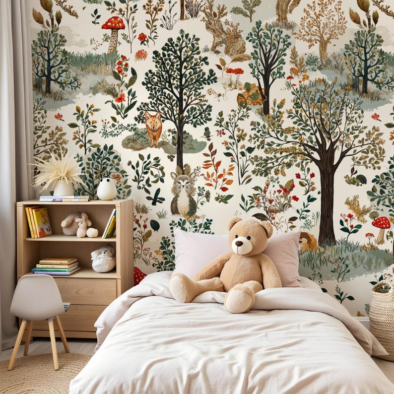 May include: A whimsical woodland mural featuring a variety of trees, flowers, and animals, including a fox, a cat, and a hedgehog. The mural is painted in a soft, muted color palette and is perfect for a child's bedroom.
