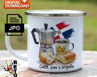 Plantilla digital taza dominicana 12 oz “Café, pan y orgullo”  Sublimación JPG descarga inmediata. Diseño  desayuno criollo