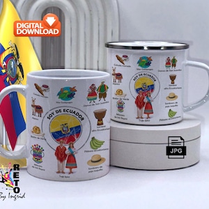 May include: Two white ceramic mugs with an Ecuadorian design. The mugs feature illustrations of traditional clothing, food, and landmarks, with the text "SOY DE ECUADOR" and the Ecuadorian flag. A digital download icon is visible.
